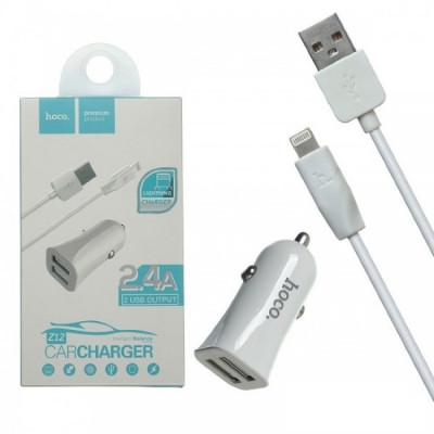 Авто зарядное 2 USB HOCO Z12, 2400mA, с кабелем Apple 8 pin